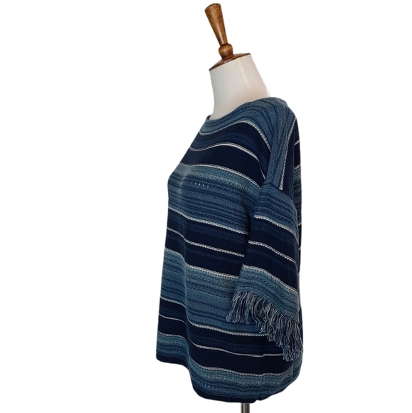 Lauren Ralph Lauren Blue Striped Scoop Neck Fringe Sleeve Knit Sweater XS NWT - Picture 4 of 8